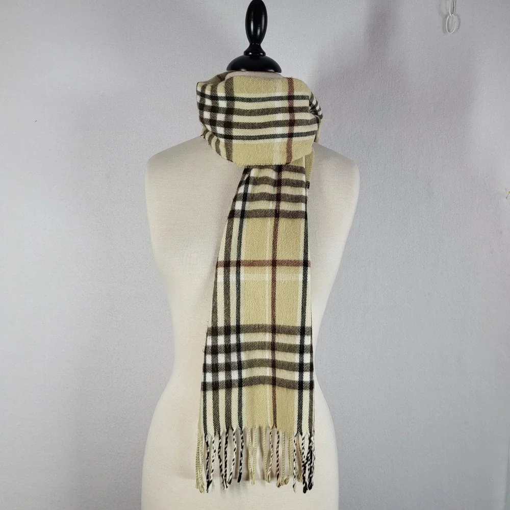 Cashmere Blend Plaid Scarf Made in Italy Tan Brown Fringe Preppy Academic Ivy‎